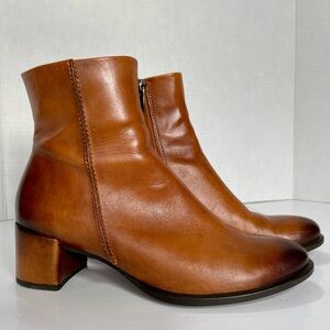 Ecco Danish Design Leather Ankle Boots Cognac Brown Block Heel EU 37